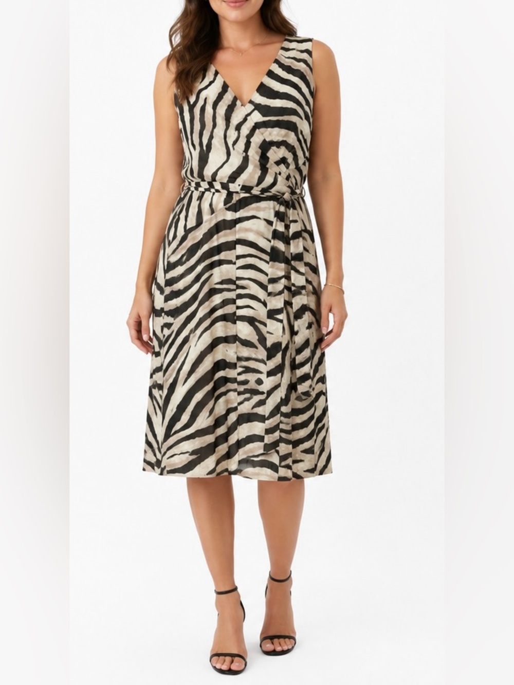 Lauren Ralph Lauren Dress Womens 10 Wrap Animal Print Brown LRL Midi V Neck Belt